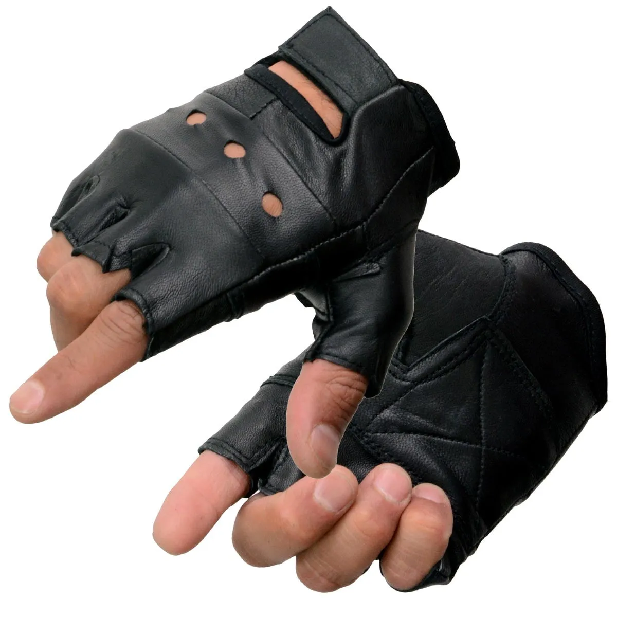 Milwaukee Leather SH216 Men's Black Leather Gel Padded Palm Fingerless Motorcycle Hand Gloves W/ Breathable ‘Open Knuckle’