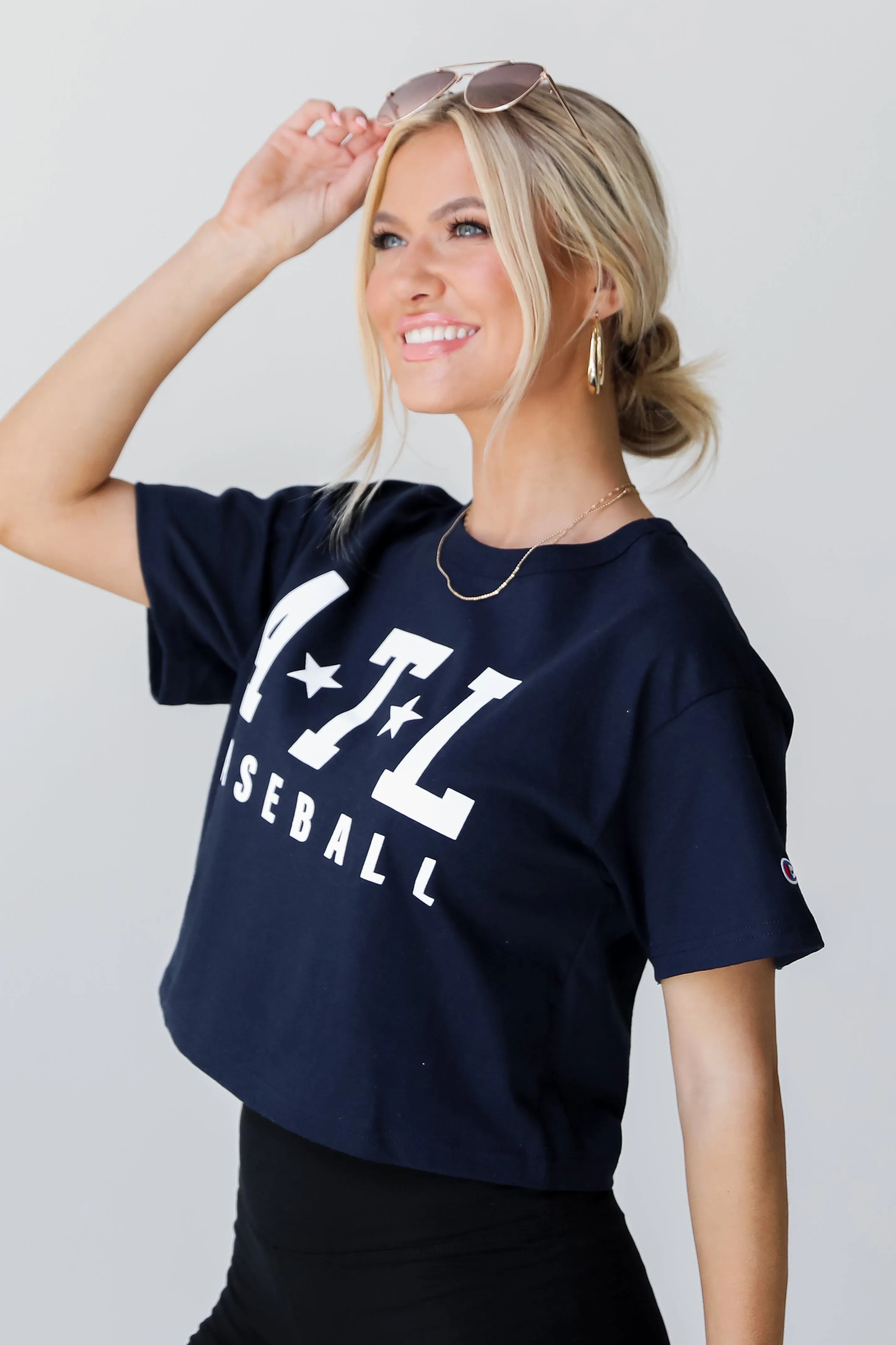 Navy ATL Baseball Star Cropped Tee