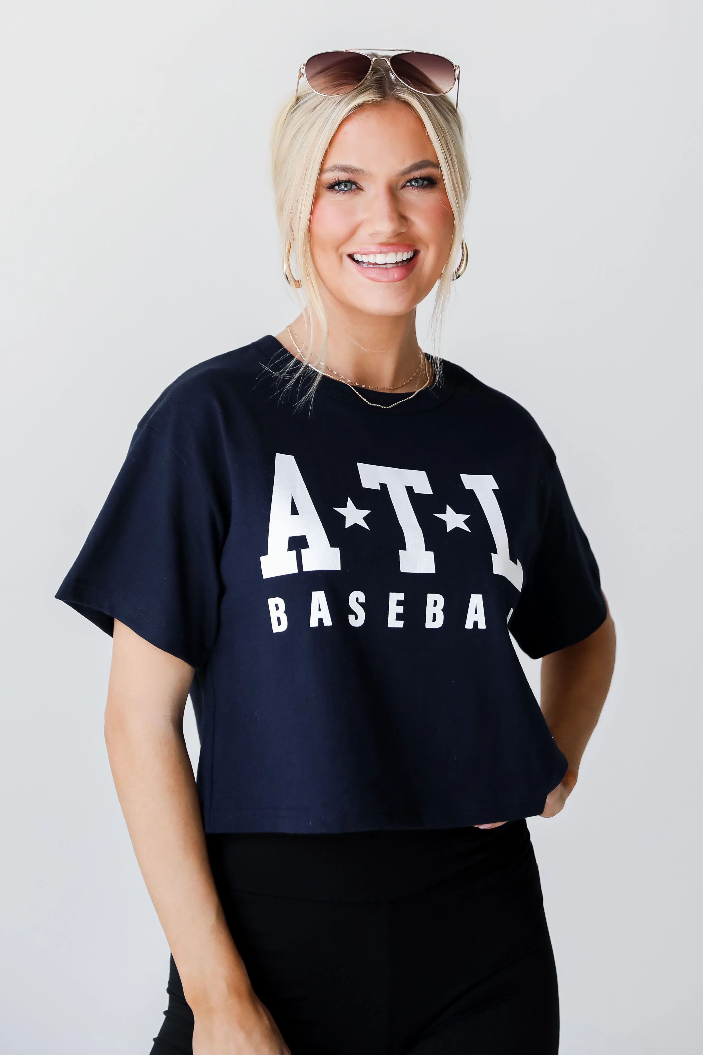 Navy ATL Baseball Star Cropped Tee