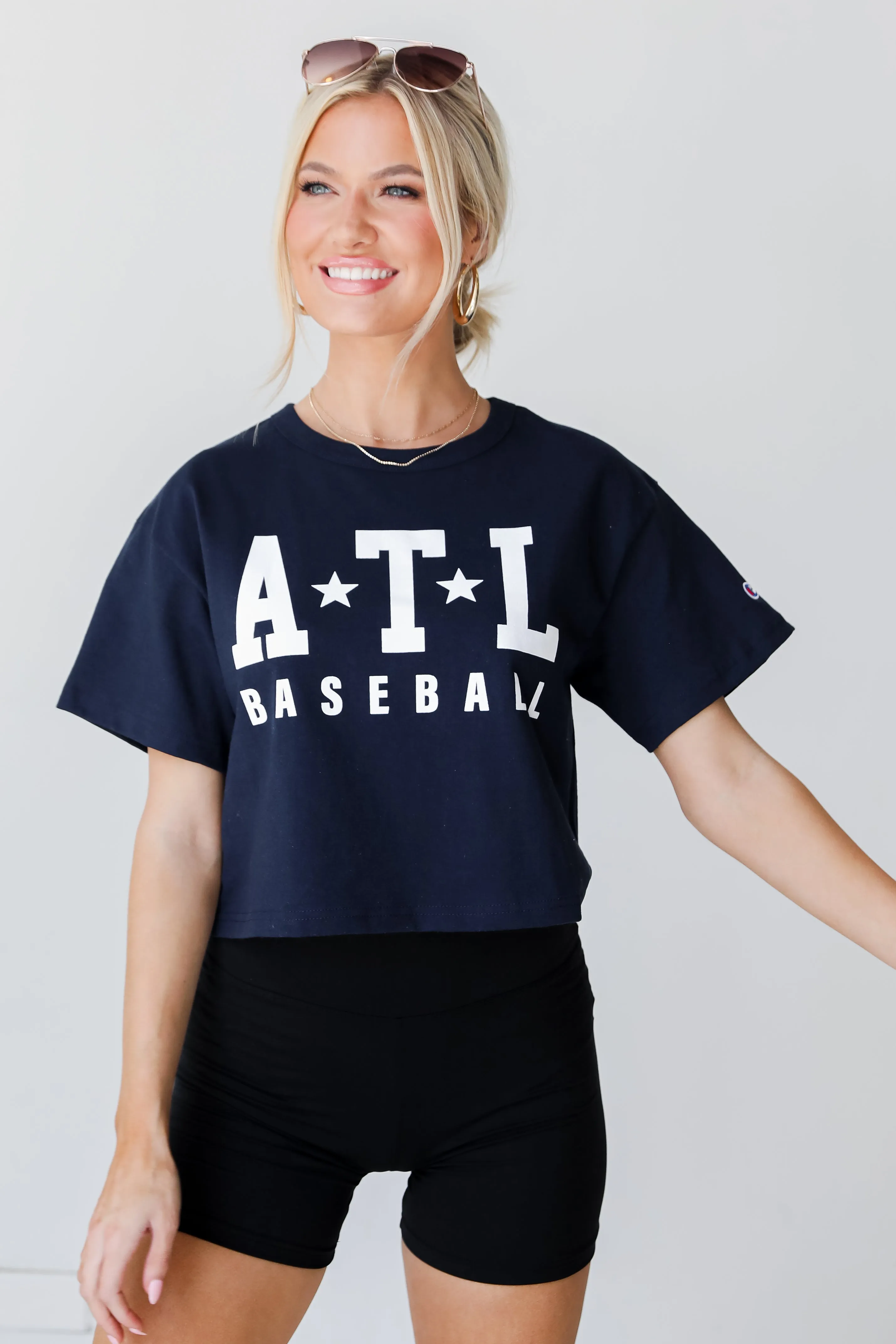 Navy ATL Baseball Star Cropped Tee