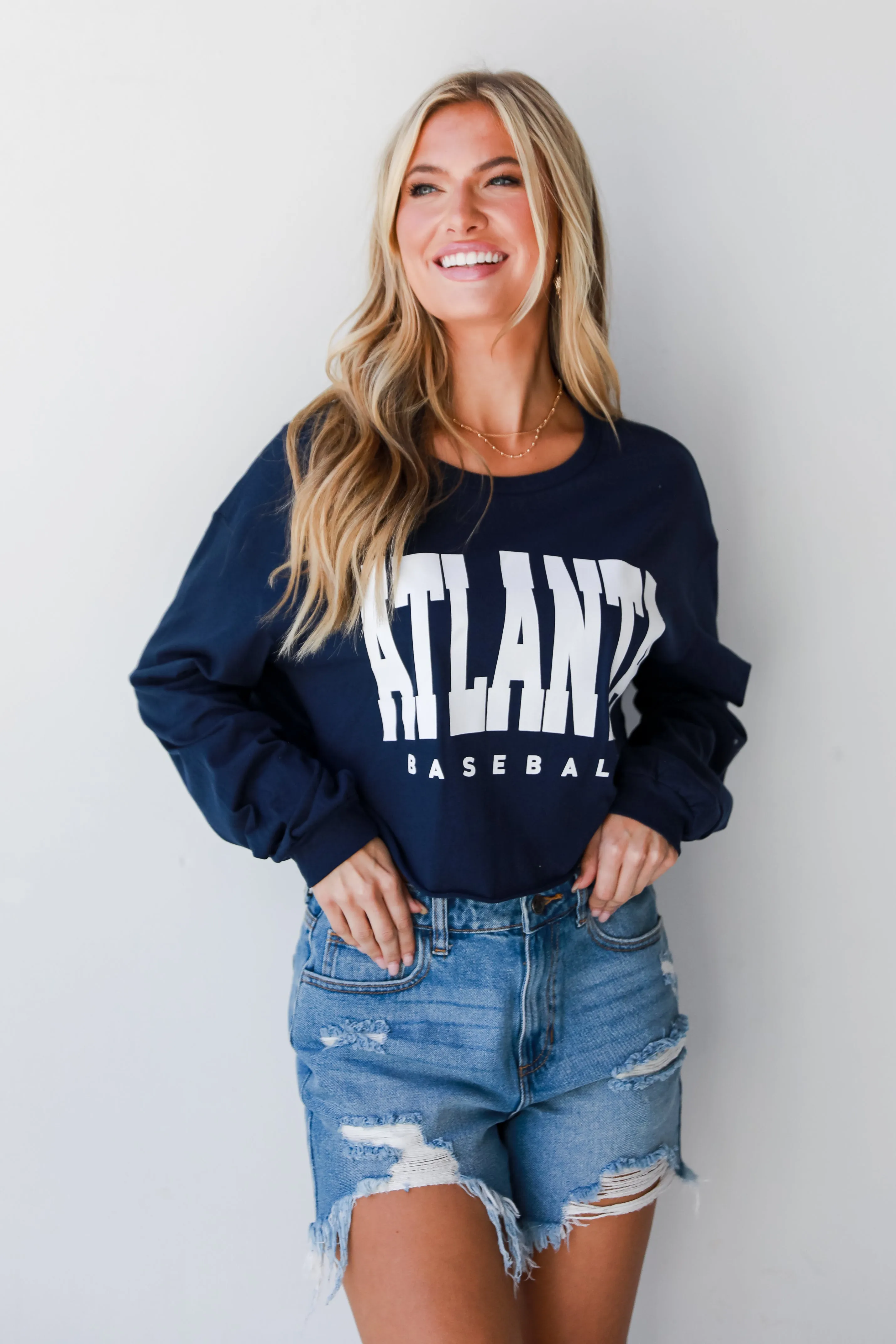 Navy Atlanta Baseball Cropped Long Sleeve Tee