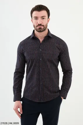 Navy Blue and Camel Striped Casual Shirt.