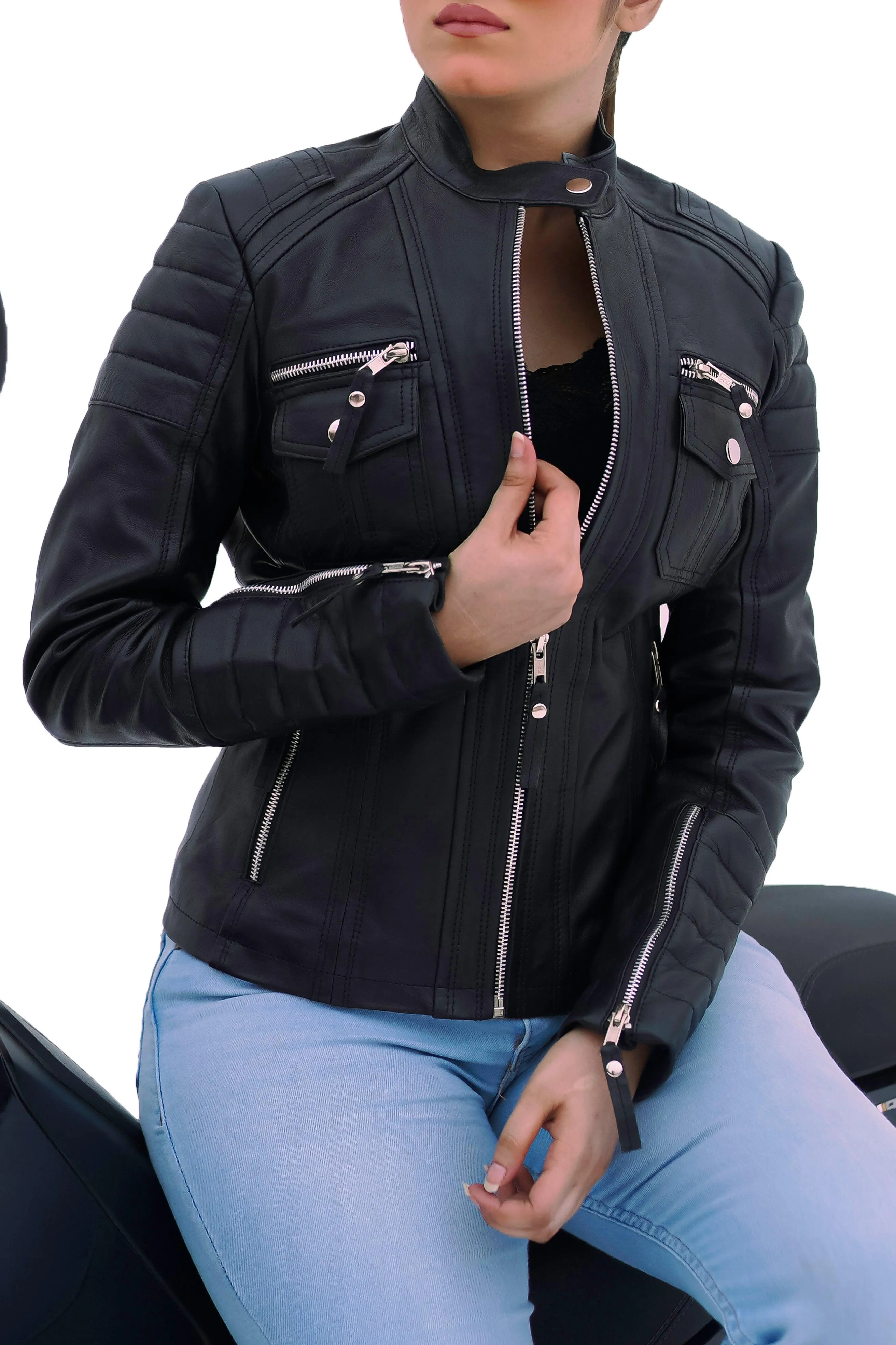 New Dawn Age Women's Black Slim Fit Biker Moto Style Real Leather Jacket