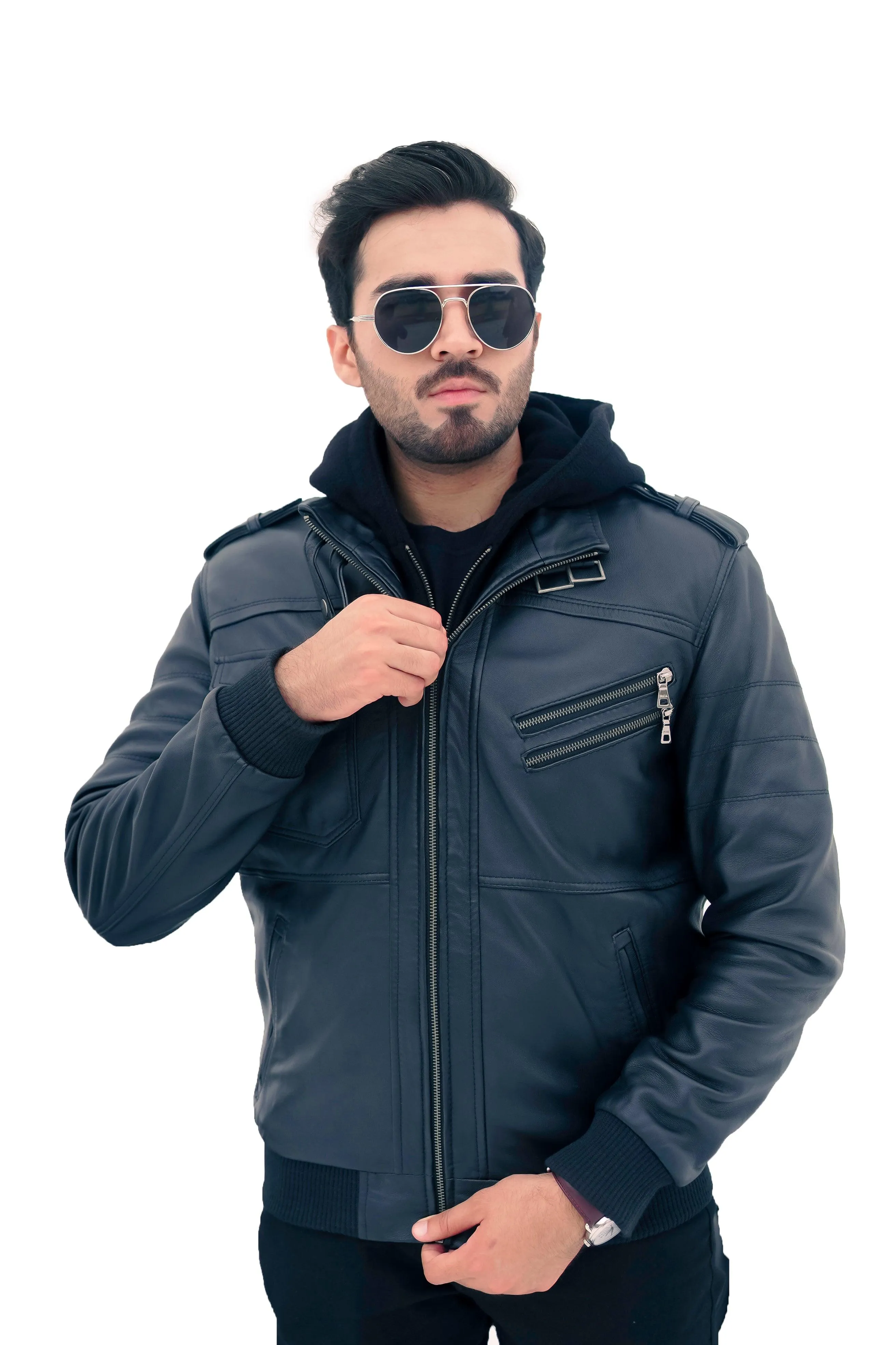 New Men's Genuine Real Leather Black Bomber Winter Hooded Jacket