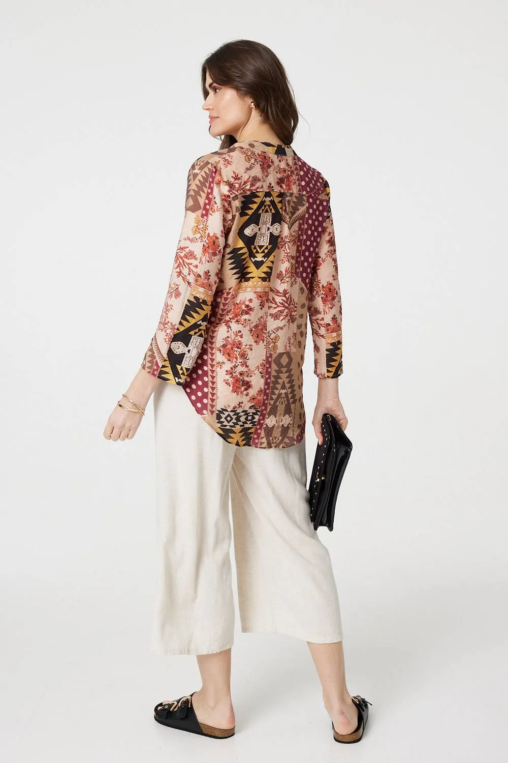 Patchwork Print Curve Hem Blouse