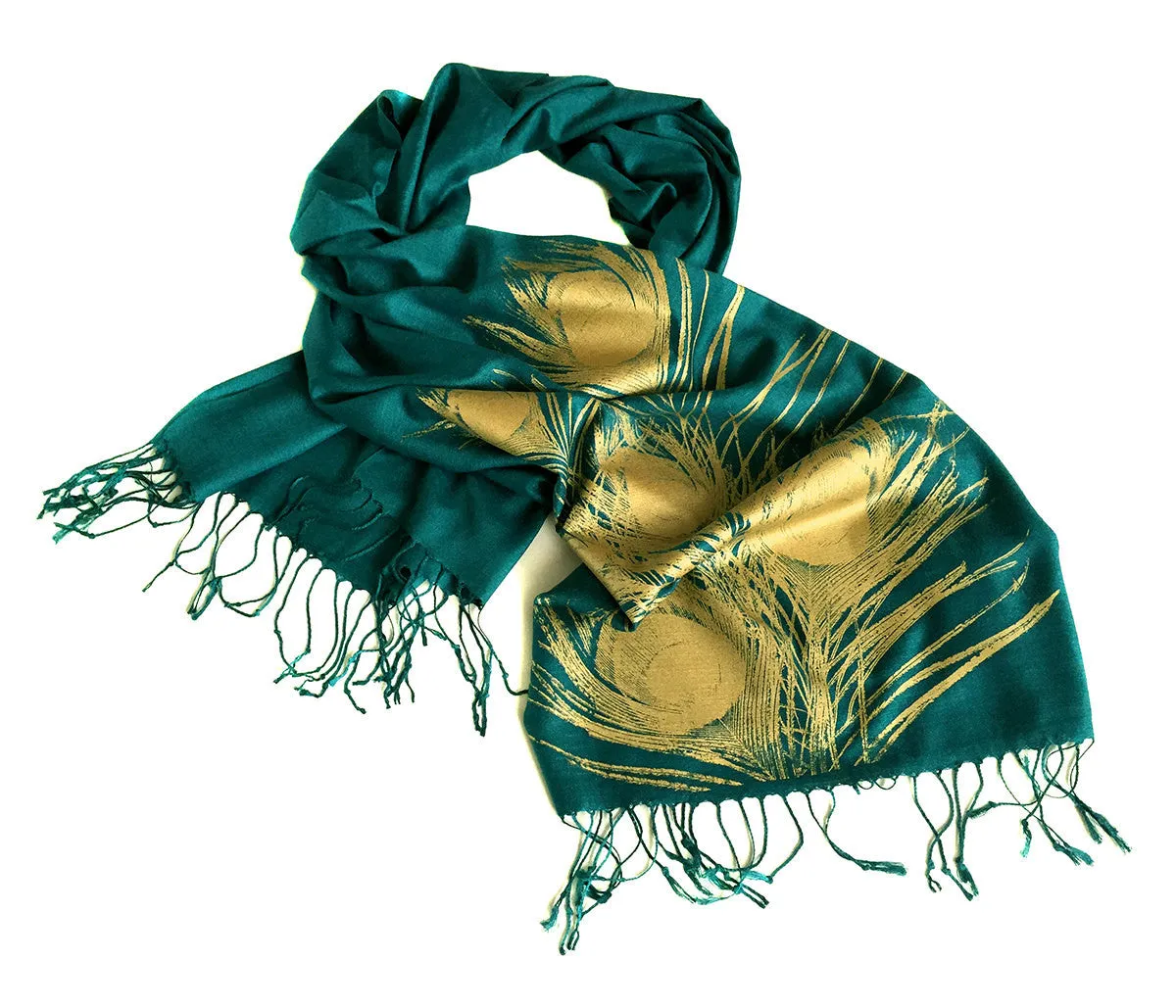 Peacock Feather Scarf. Linen weave pashmina