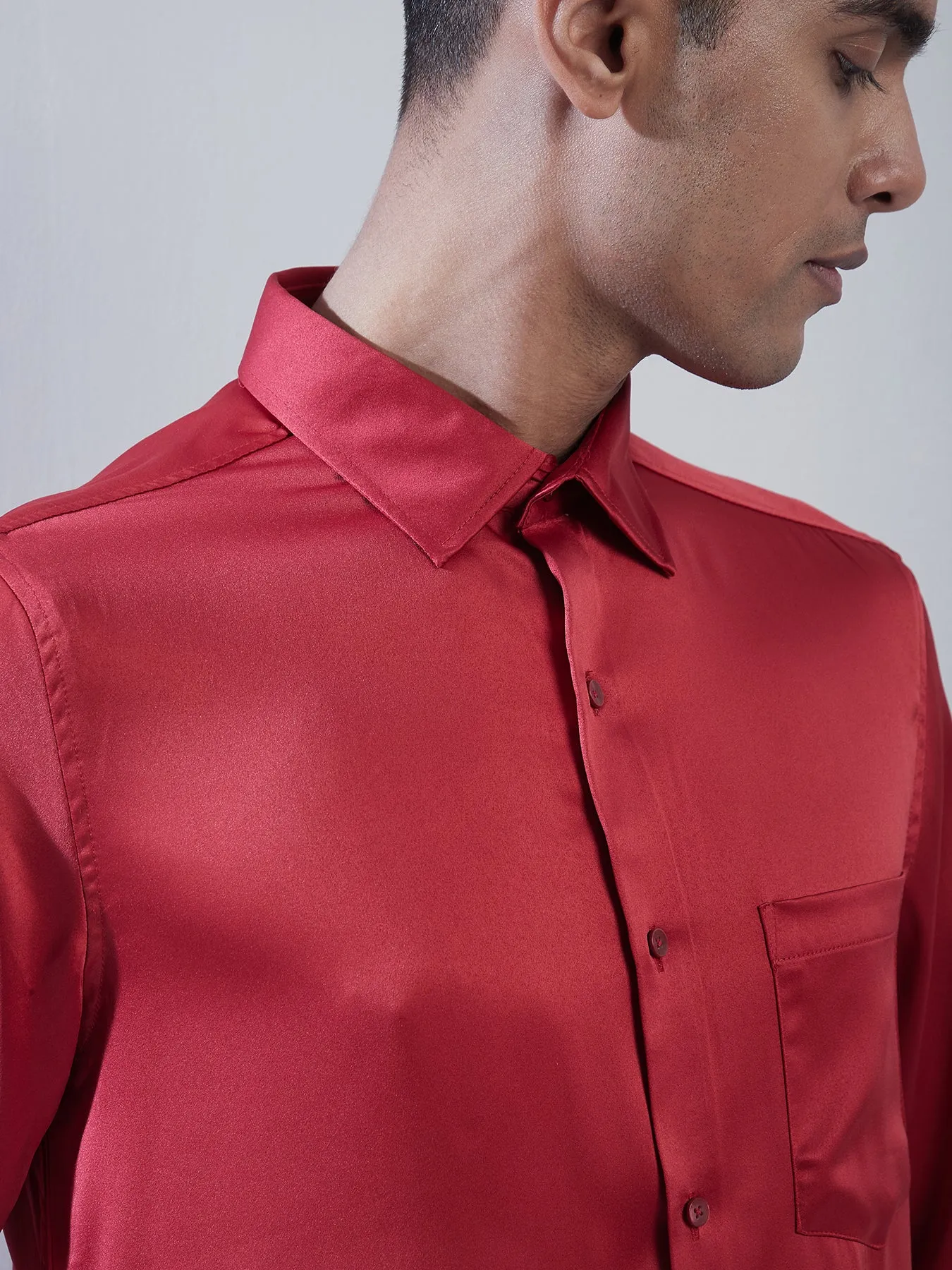 Poly Satin Red Plain Slim Fit Full Sleeve Ceremonial Shirt