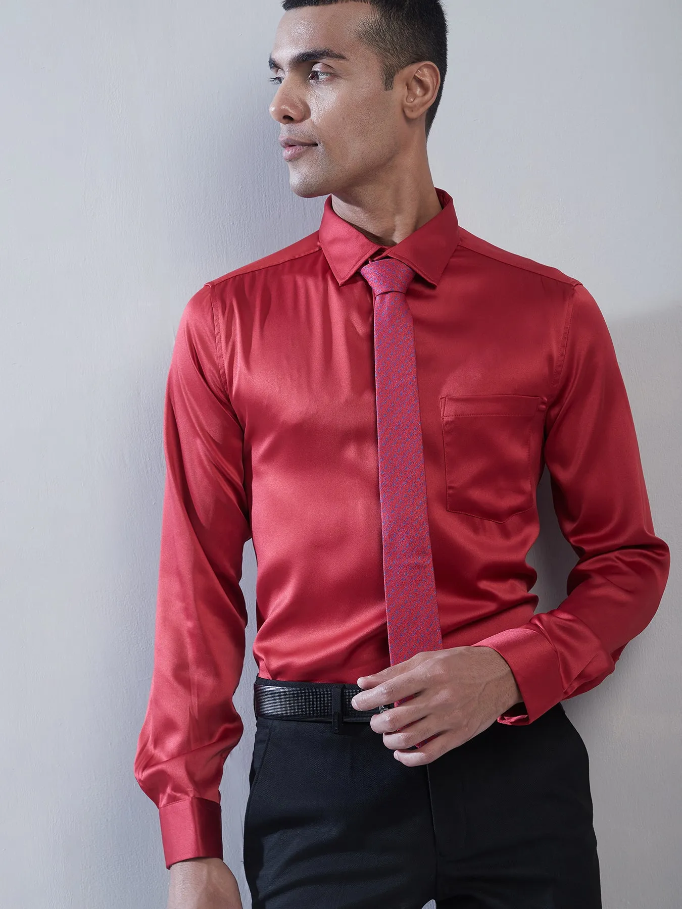 Poly Satin Red Plain Slim Fit Full Sleeve Ceremonial Shirt