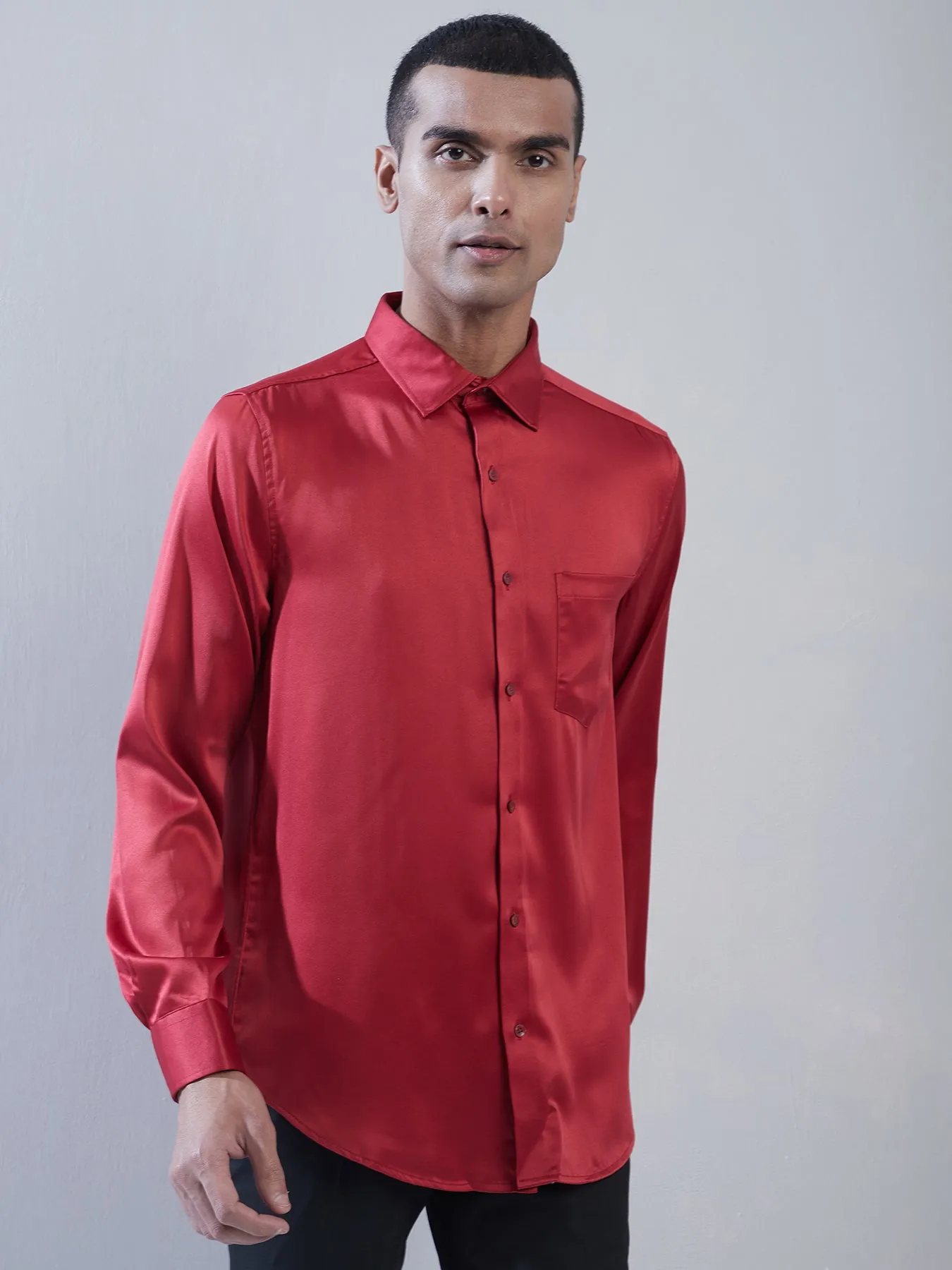 Poly Satin Red Plain Slim Fit Full Sleeve Ceremonial Shirt