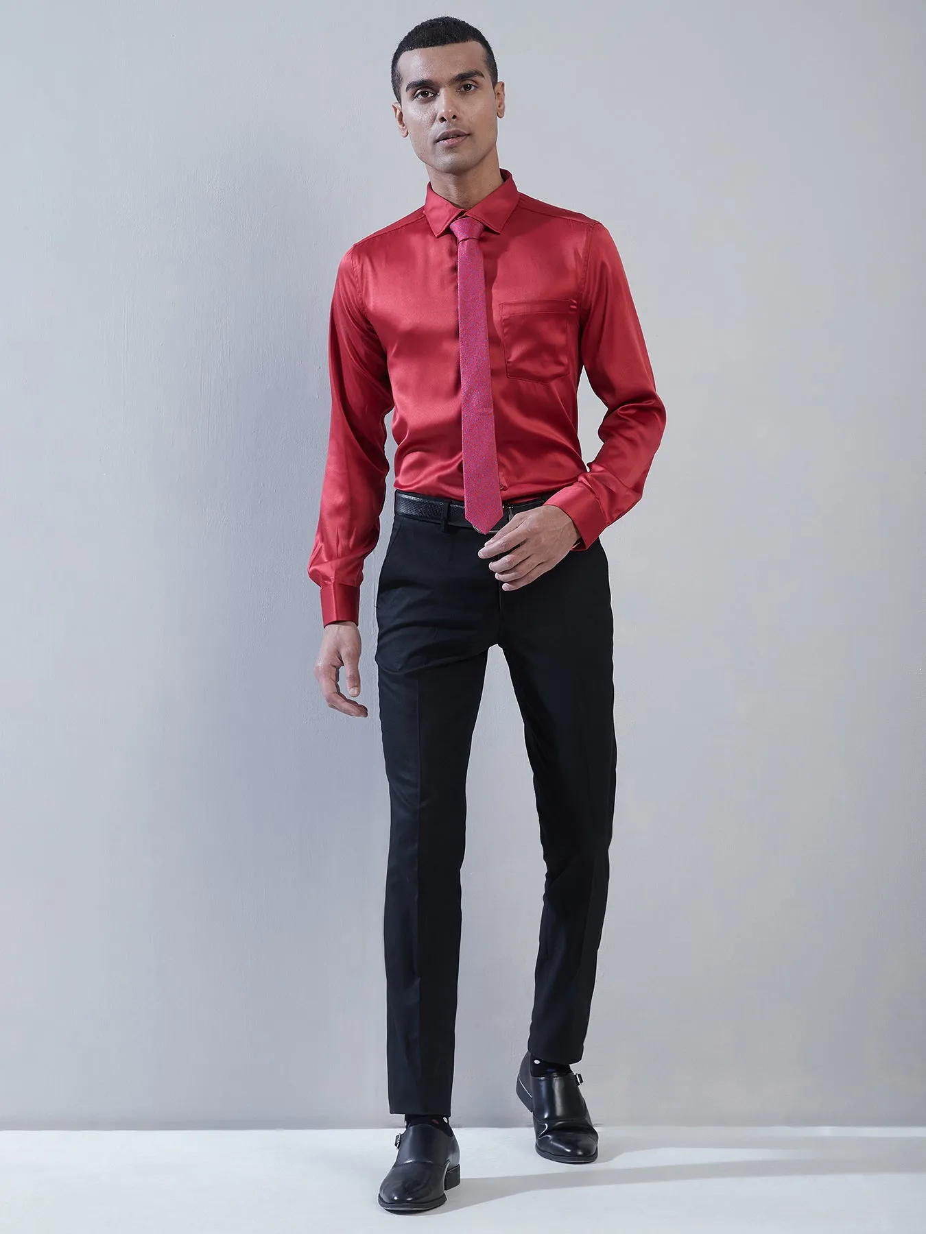 Poly Satin Red Plain Slim Fit Full Sleeve Ceremonial Shirt