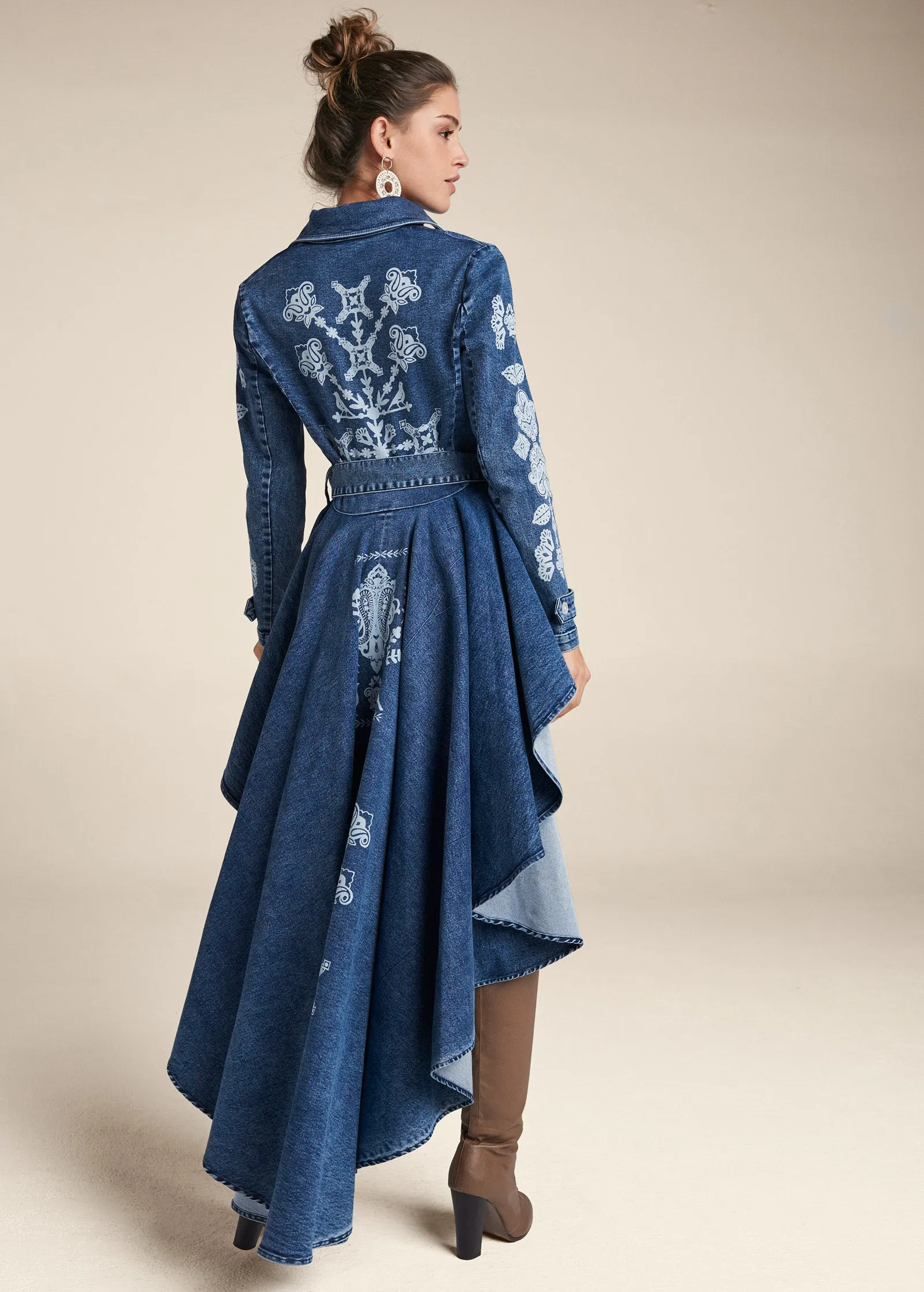 Printed High Low Denim Trench Coat - Indigo Blue