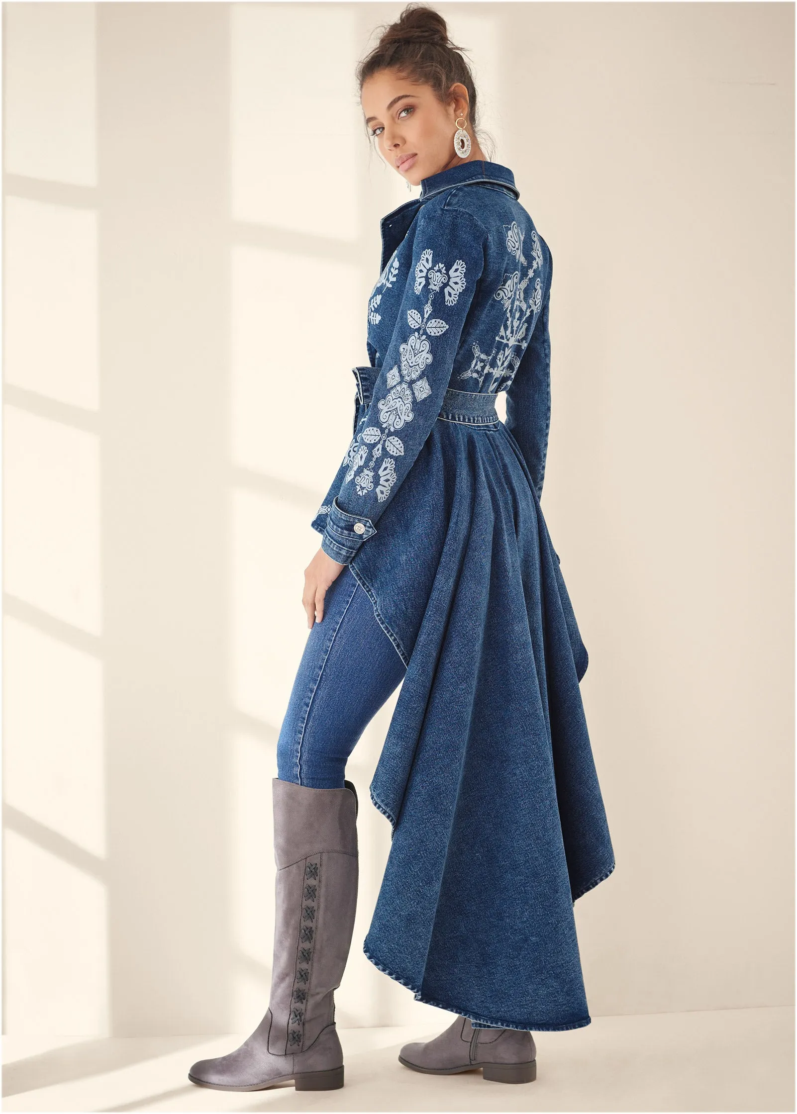 Printed High Low Denim Trench Coat - Indigo Blue