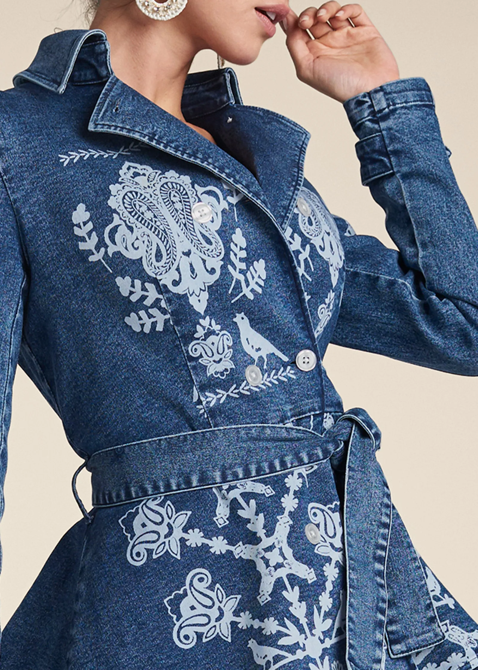 Printed High Low Denim Trench Coat - Indigo Blue