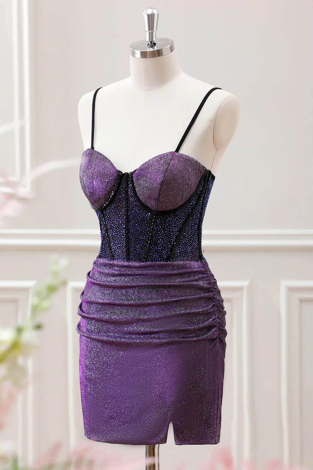 Purple Beaded Corset Pleated Bodycon Mini Dress with Slit