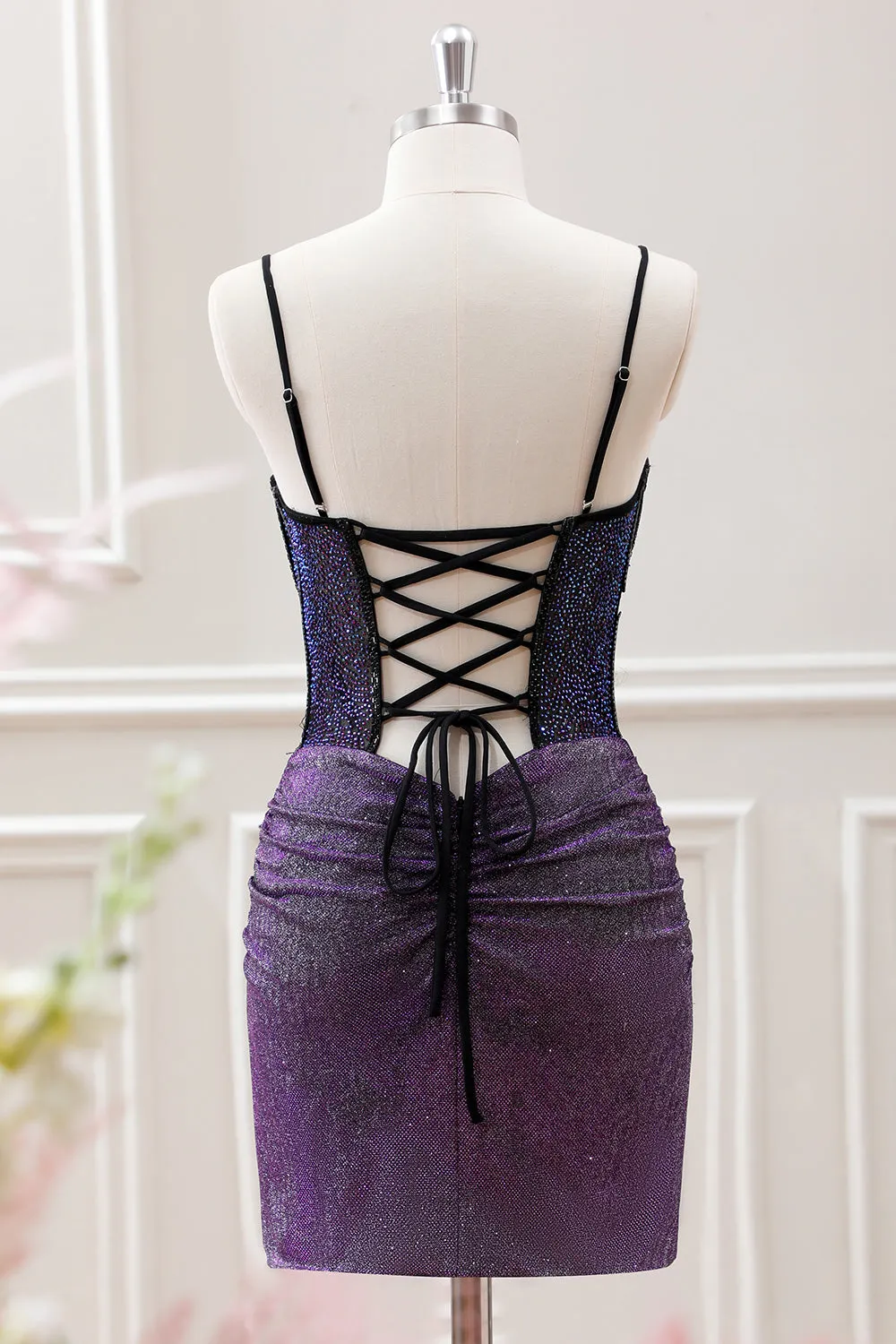 Purple Beaded Corset Pleated Bodycon Mini Dress with Slit