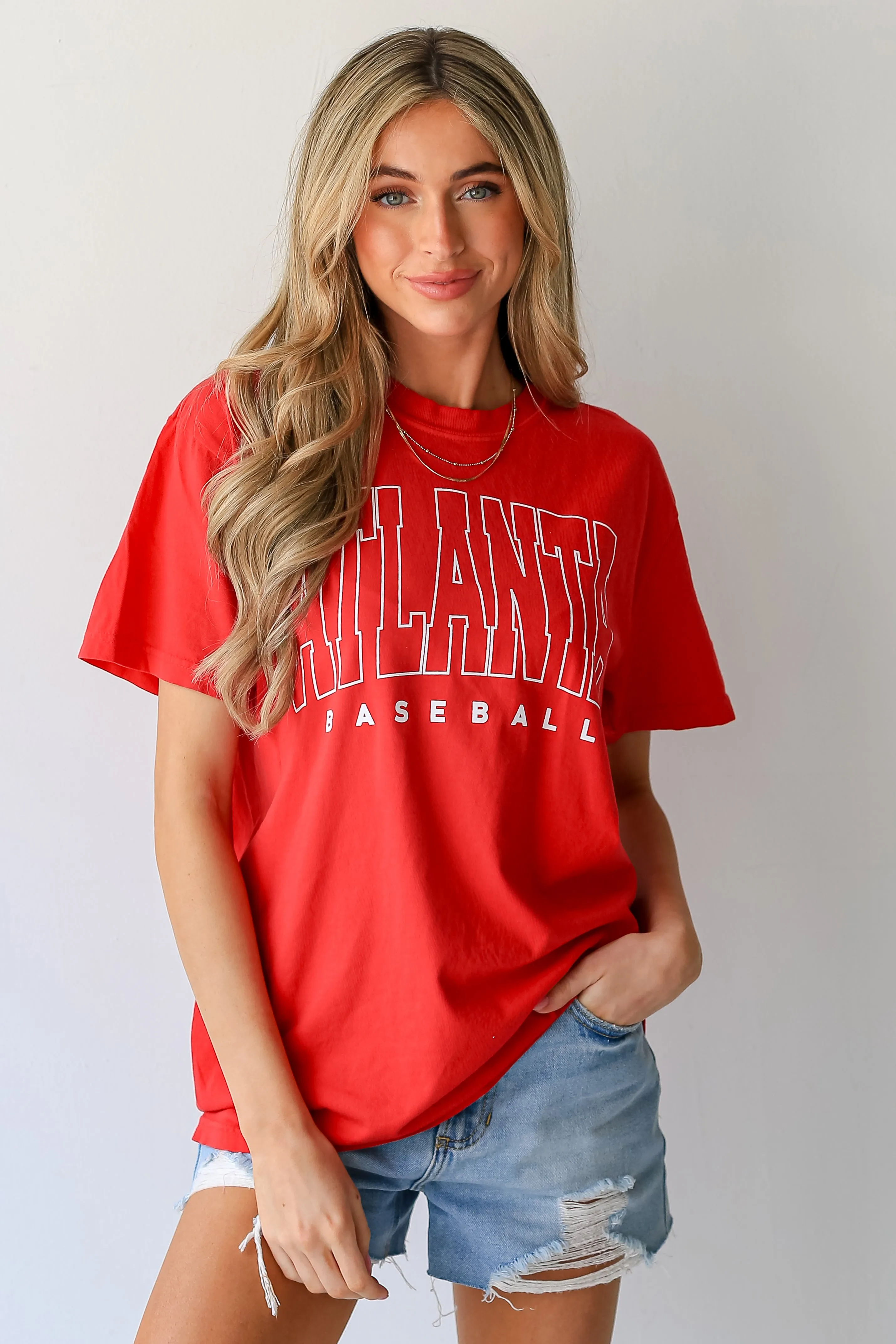 Red Atlanta Baseball Block Letter Tee