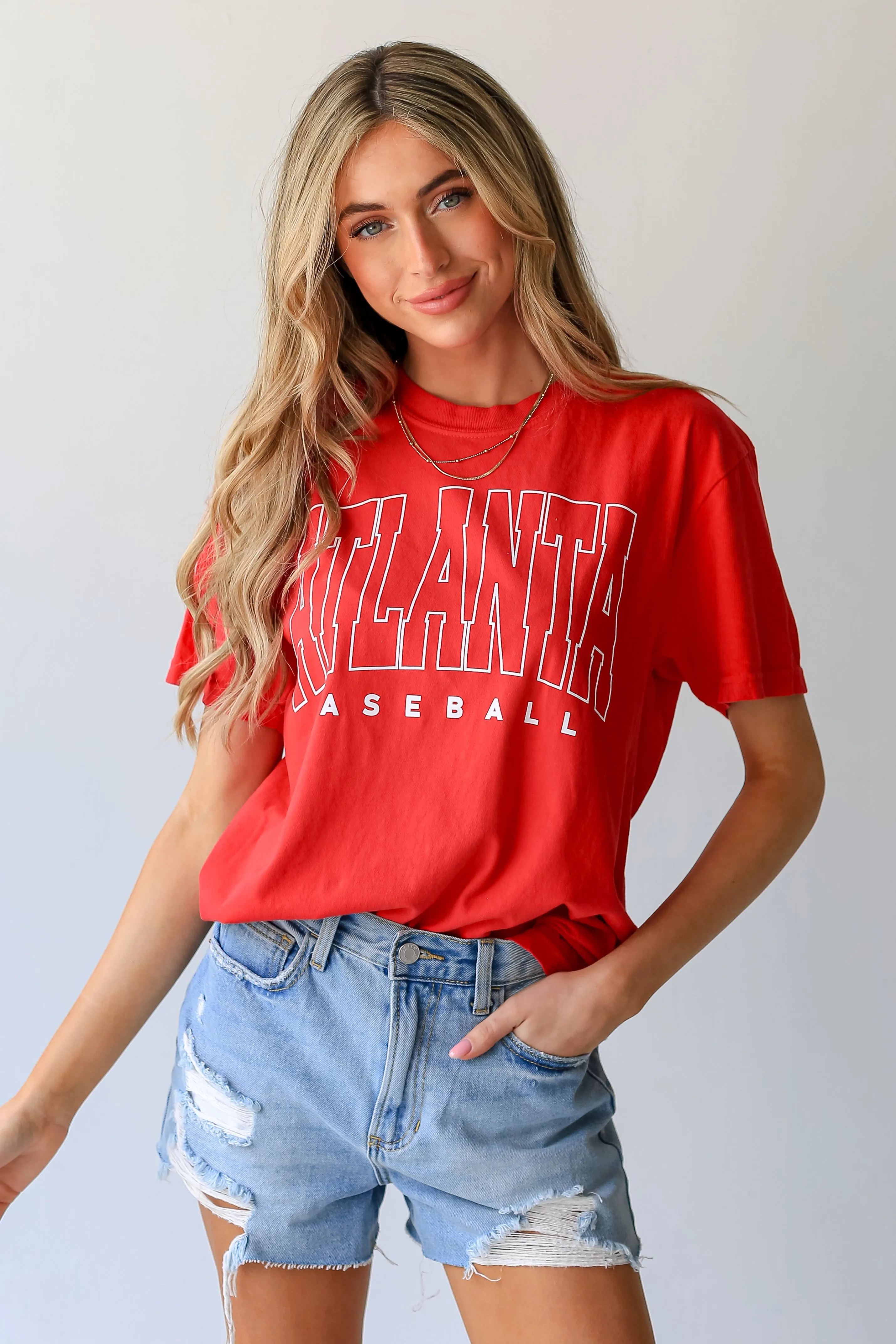 Red Atlanta Baseball Block Letter Tee