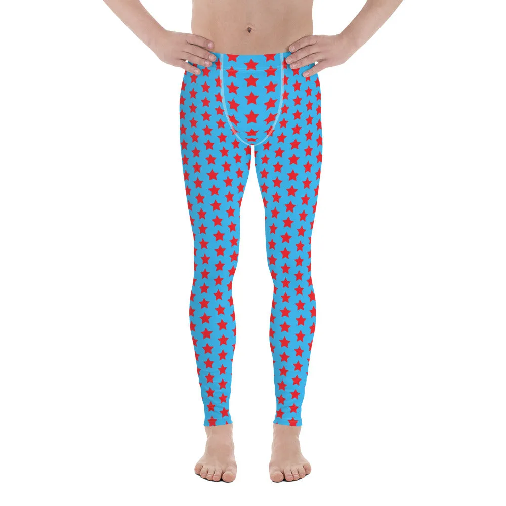 Red Blue Stars Meggings, Best Men's Leggings Running Compression Tights For Men - Made in USA/EU/MX