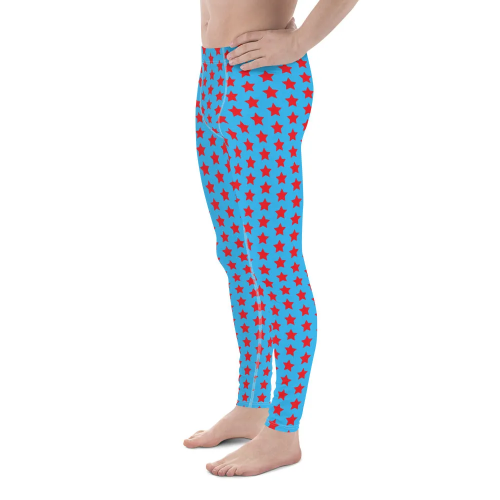 Red Blue Stars Meggings, Best Men's Leggings Running Compression Tights For Men - Made in USA/EU/MX