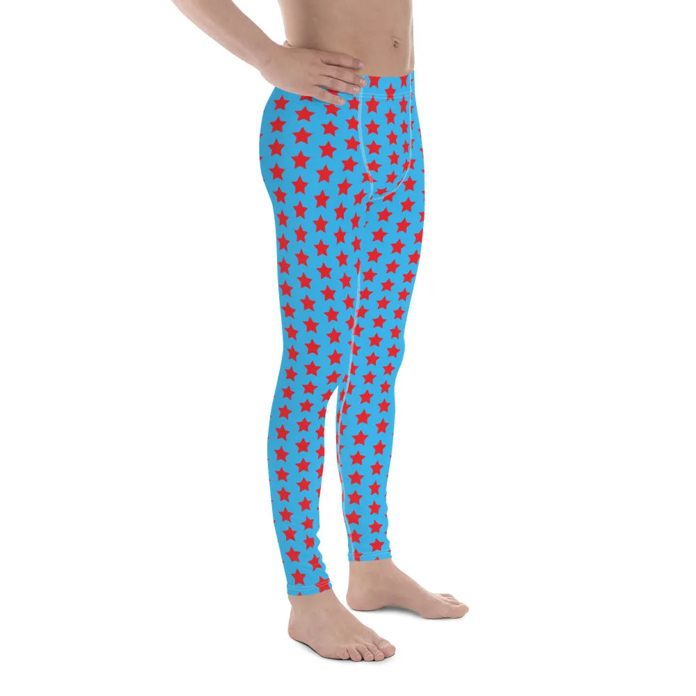 Red Blue Stars Meggings, Best Men's Leggings Running Compression Tights For Men - Made in USA/EU/MX