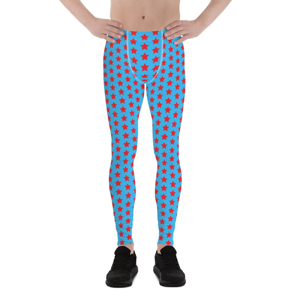 Red Blue Stars Meggings, Best Men's Leggings Running Compression Tights For Men - Made in USA/EU/MX