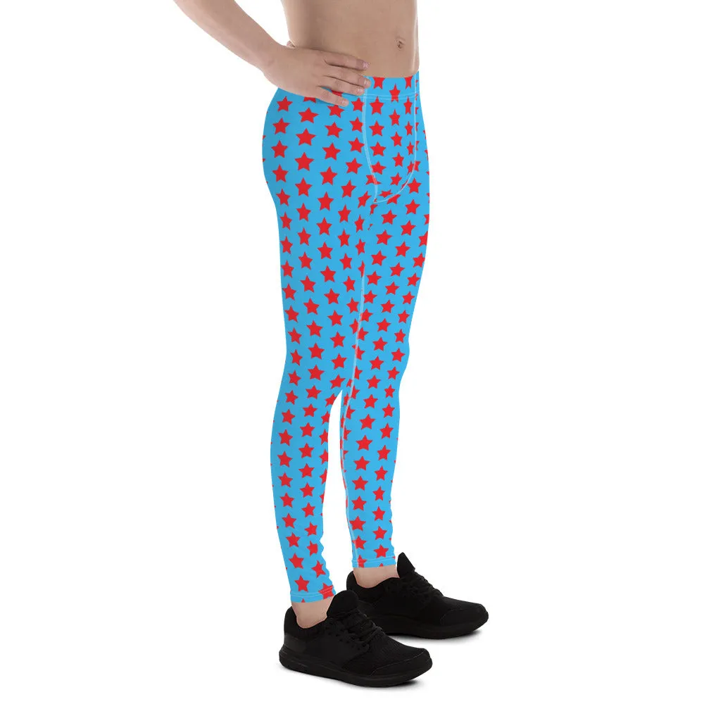 Red Blue Stars Meggings, Best Men's Leggings Running Compression Tights For Men - Made in USA/EU/MX