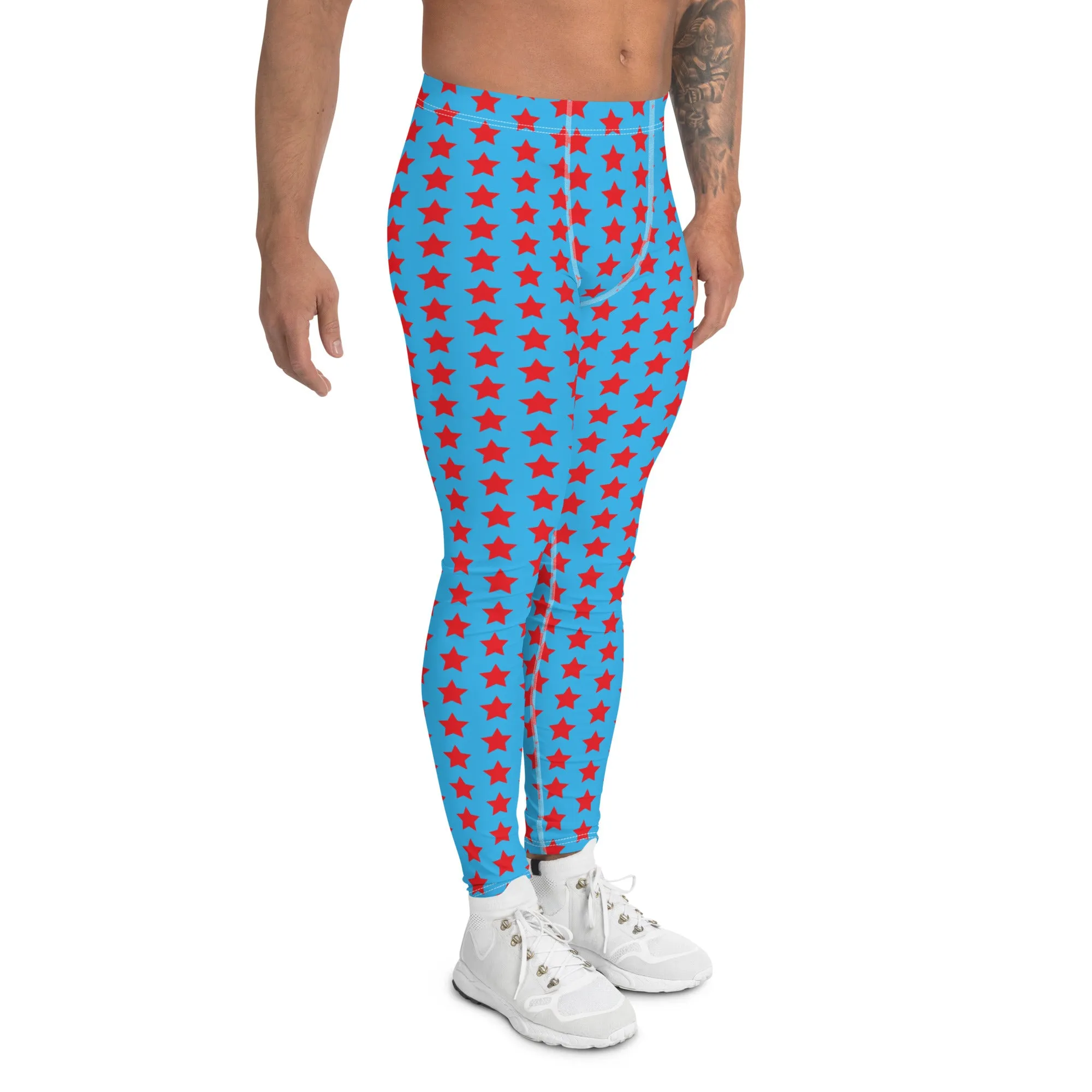 Red Blue Stars Meggings, Best Men's Leggings Running Compression Tights For Men - Made in USA/EU/MX