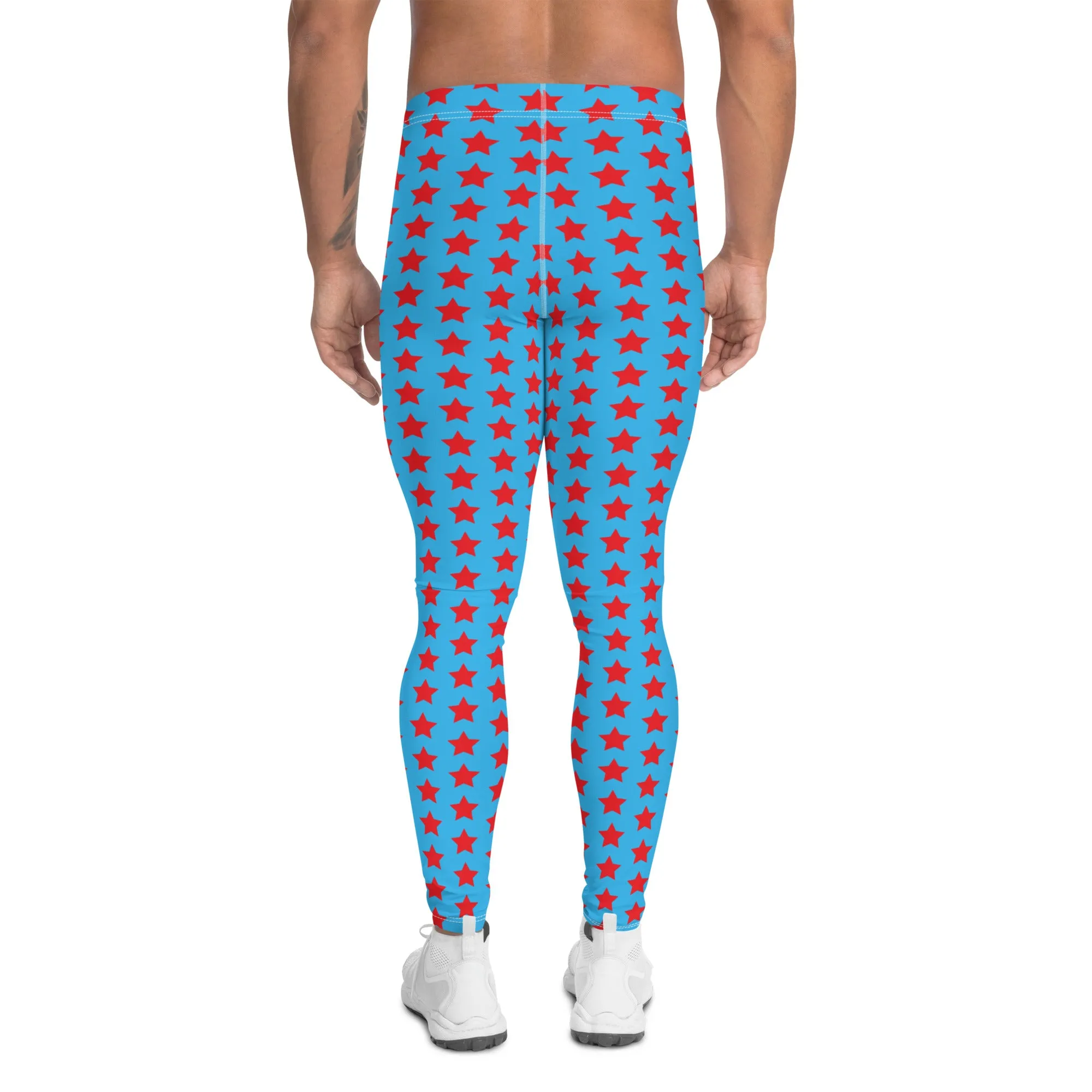 Red Blue Stars Meggings, Best Men's Leggings Running Compression Tights For Men - Made in USA/EU/MX