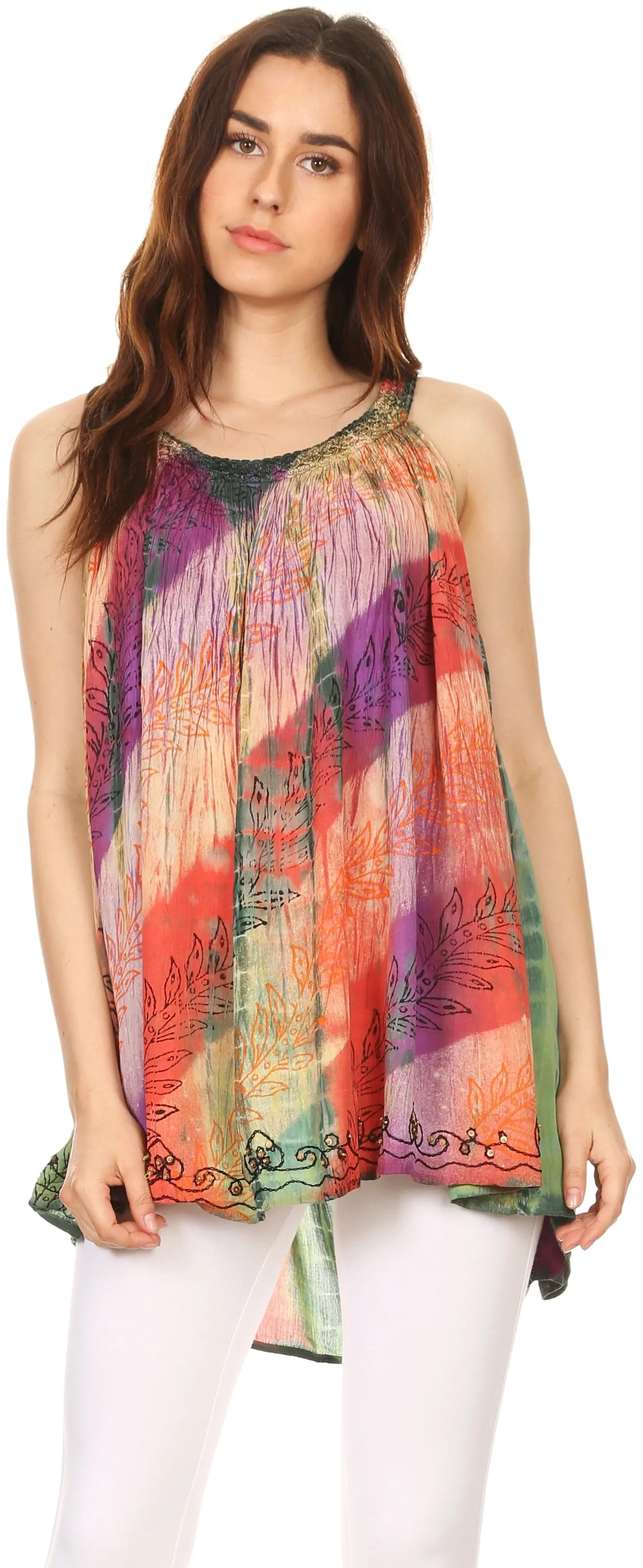 Sakkas Amalia Picot Trim Scoop Neck Tank with Sequins and Embroidery