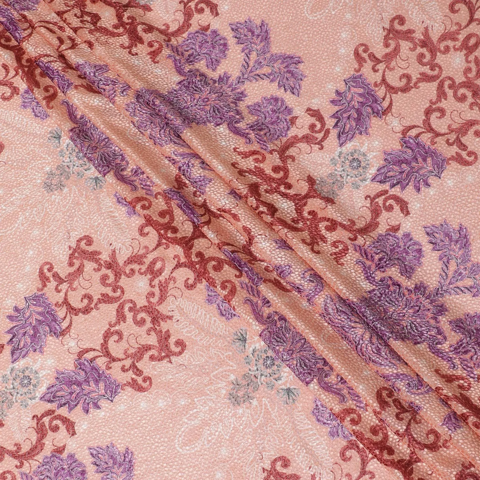 Salmon peach Premium pure Italian silk blended burnout velvet fabric with purple and crimson red print in fancy design-D13842