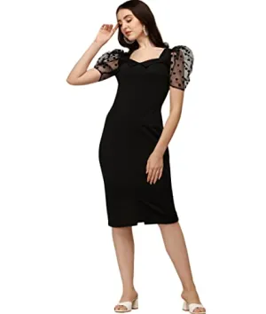 SHEETAL ASSOCIATES Women's Puff Sleeve V Neck Bodycon Casual Midi Dress Black