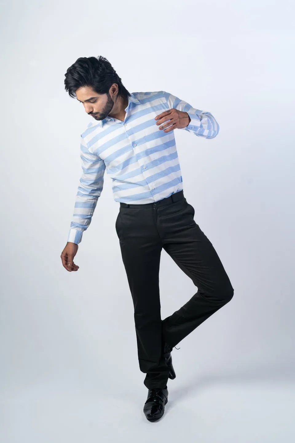 Sky Blue Color Cotton Stripe Shirt For Men