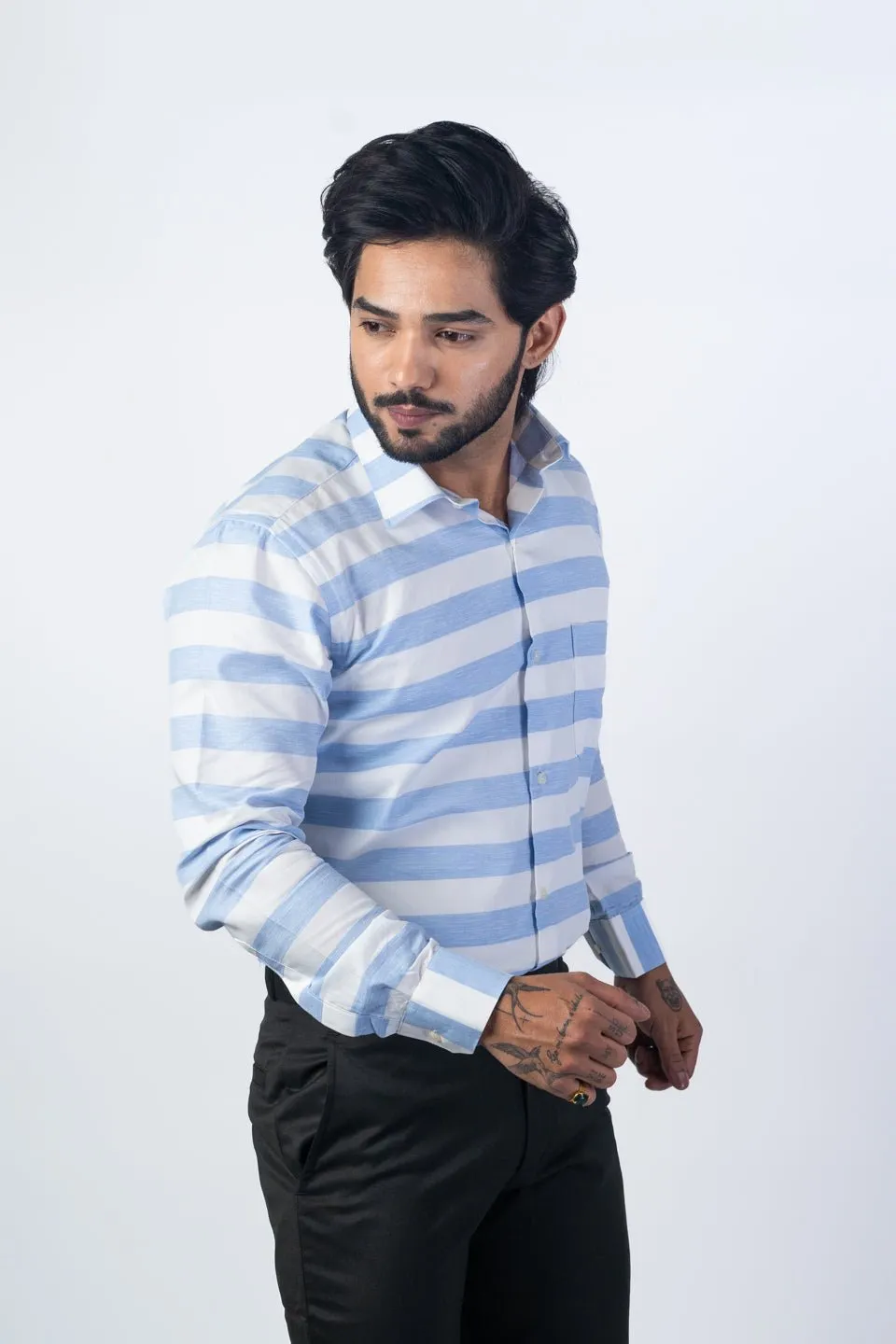 Sky Blue Color Cotton Stripe Shirt For Men