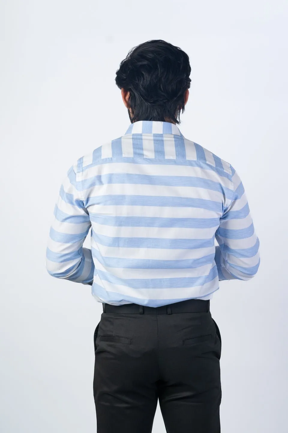 Sky Blue Color Cotton Stripe Shirt For Men