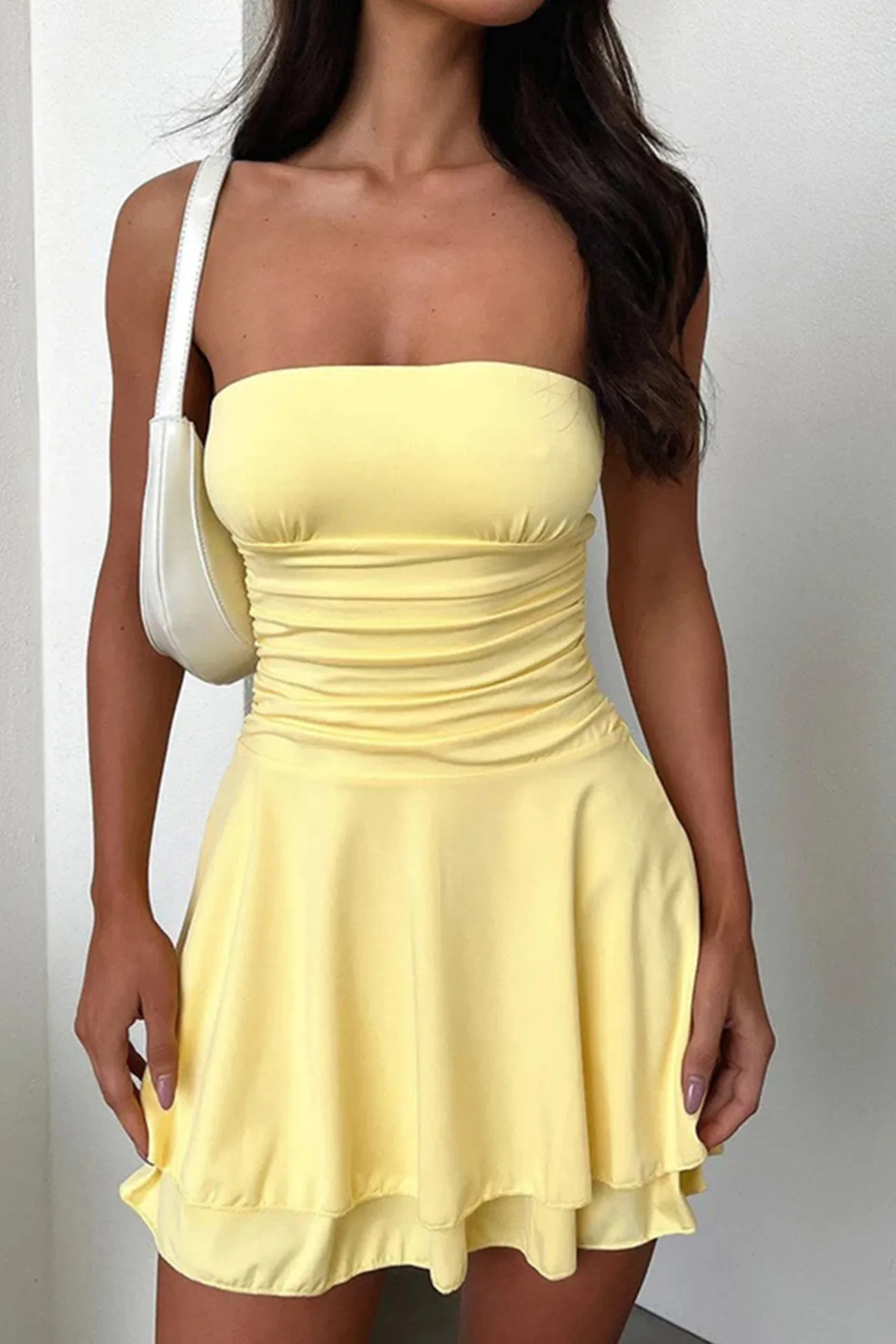 Solid Bodycon Strapless Tiered Dress