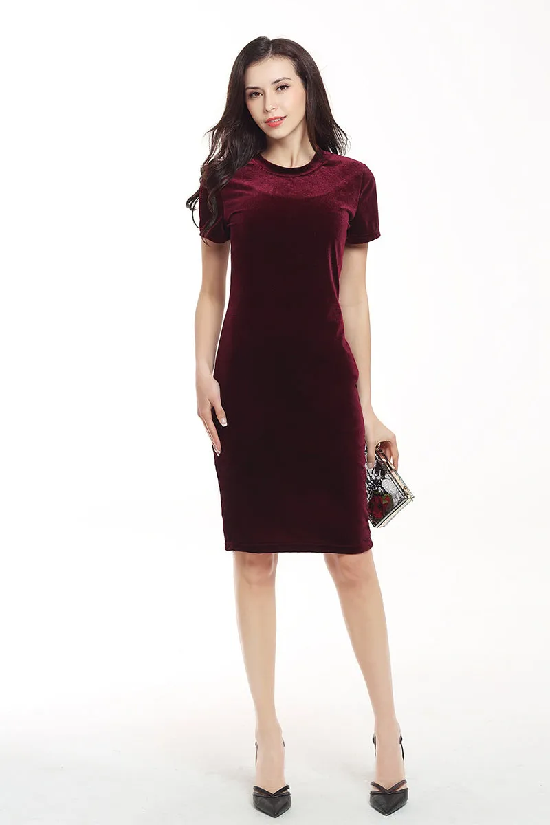 Solid Velvet Bodycon Dress With Short Sleeves