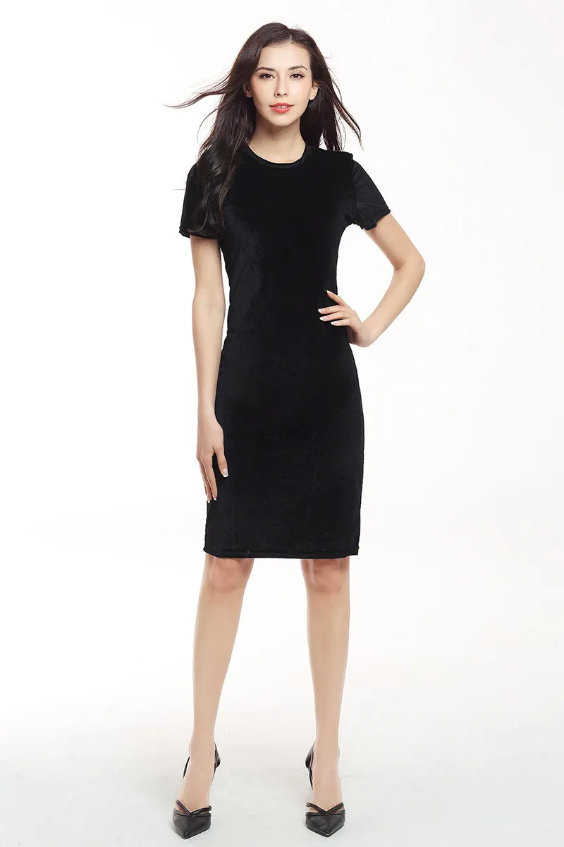 Solid Velvet Bodycon Dress With Short Sleeves