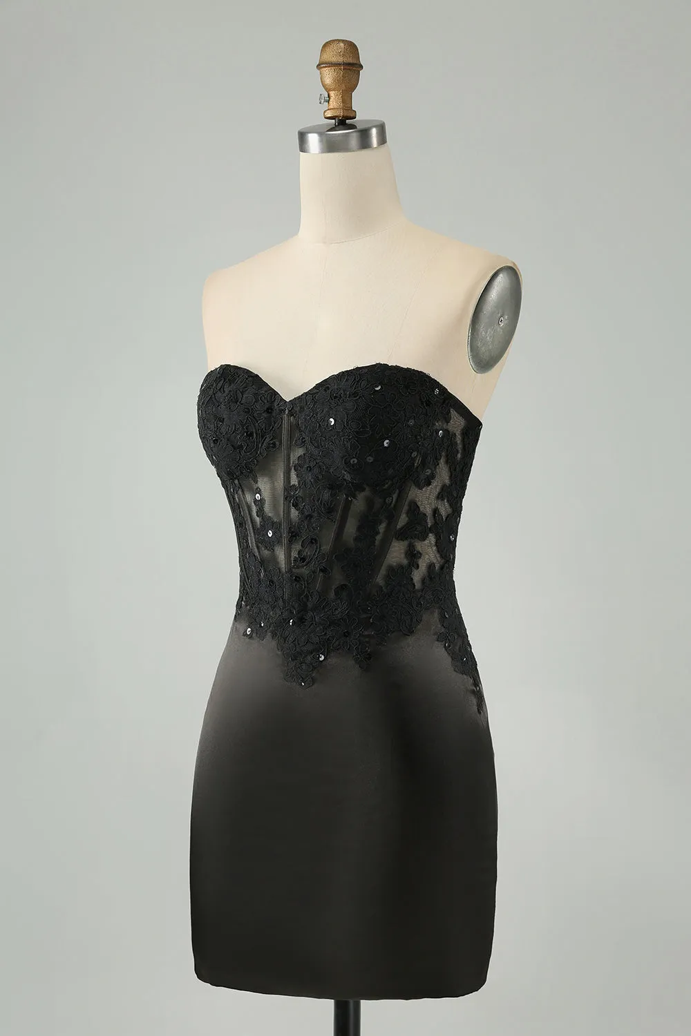 Sparkly Black Bodycon Sweetheart Corset Mini Dress with Appliques