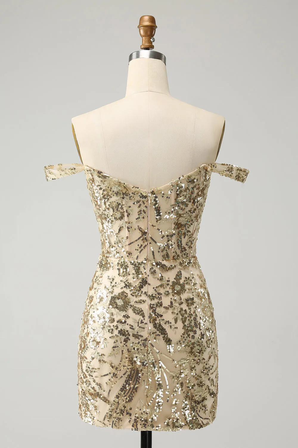 Sparkly Bodycon Golden Off The Shoulder Mini Dress with Sequins