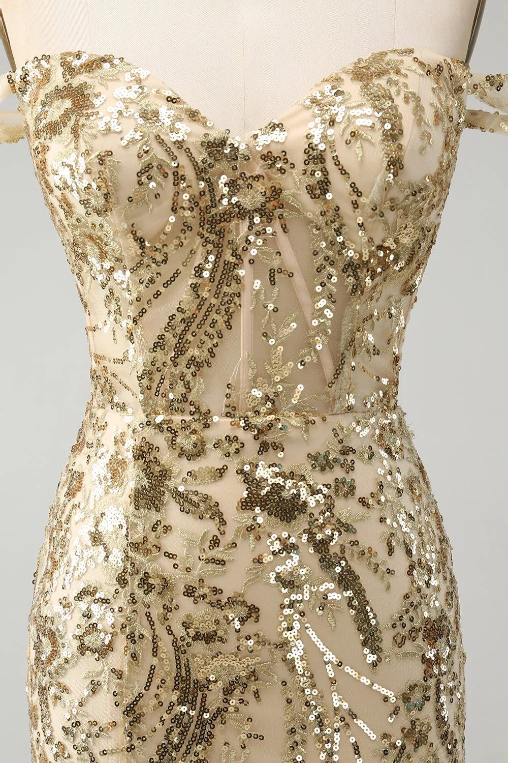 Sparkly Bodycon Golden Off The Shoulder Mini Dress with Sequins