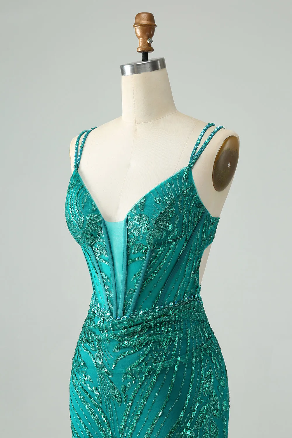 Sparkly Dark Green Bodycon Corset Mini Dress with Sequins