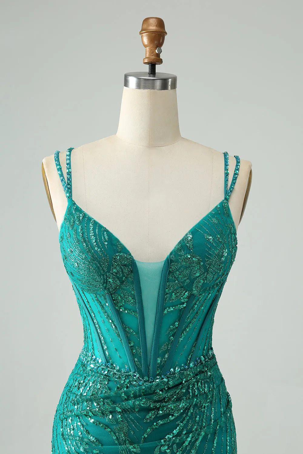 Sparkly Dark Green Bodycon Corset Mini Dress with Sequins