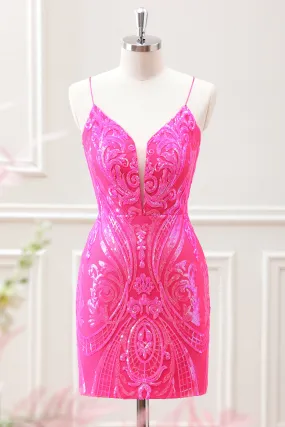 Sparkly Hot Pink Sequined Bodycon Mini Dress with Lace up Back