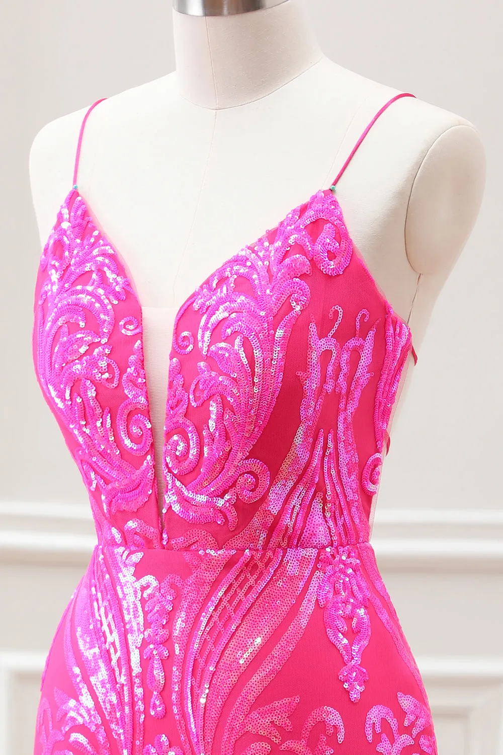 Sparkly Hot Pink Sequined Bodycon Mini Dress with Lace up Back