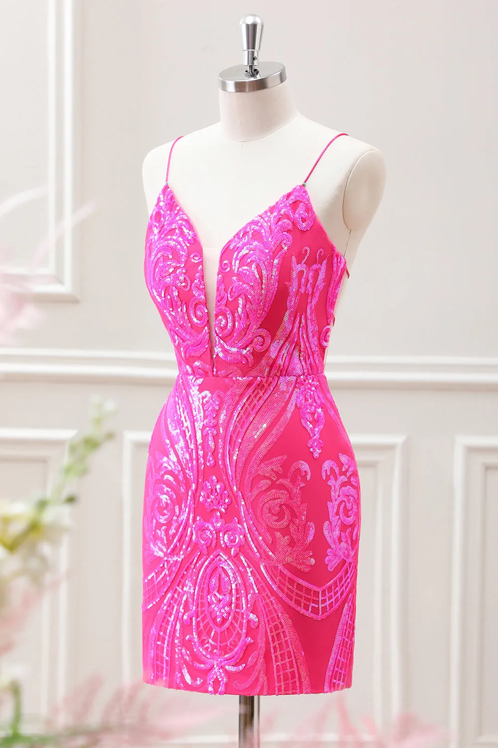 Sparkly Hot Pink Sequined Bodycon Mini Dress with Lace up Back