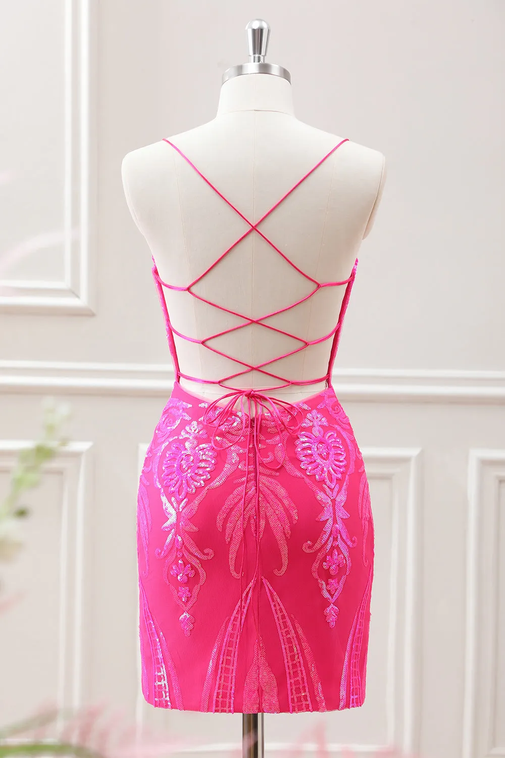 Sparkly Hot Pink Sequined Bodycon Mini Dress with Lace up Back