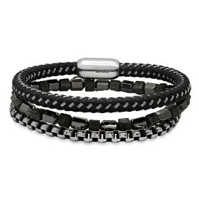 SteelTime Men's Black Leather and Stainless Steel Bracelets with Haematite and Lava Stone