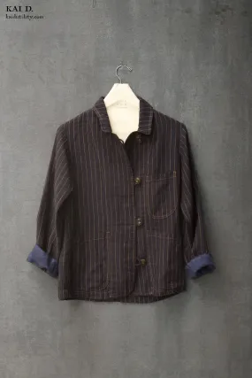 Striped Linen Mead Jacket - Dark Indigo- S