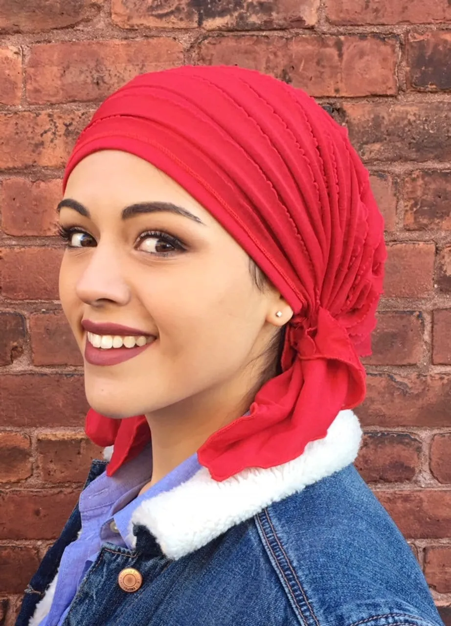 Swim Bathing Cap | Queen Glamour | Soft Beanie Ruffle Cap To Conceal Hair Light weight Fitted Pre-Tied Head Wrap Scarf | Made in USA