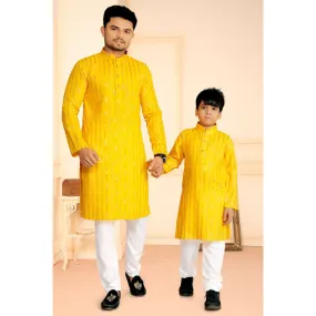 Traditional Cotton Ethnic Father Son Same Matching Kurta Pajama outfits Yellow